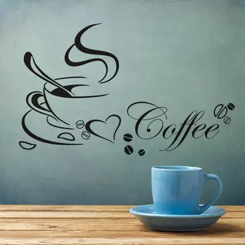 Kavos puodelis su širdies vinilo citata restoranas Virtuvės nuimamas sienų Lipdukai 