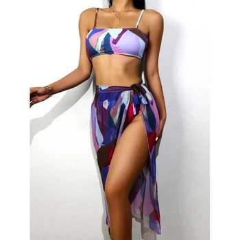 2021 Nauja Seksuali 3Pcs Moterų Bikini Komplektas Su Paplūdimio Suknelė Spausdinti Kratinys Biquini maudymosi Kostiumėliai, Push Up maudymosi kostiumėlis Vasaros Maudymosi Kostiumas 