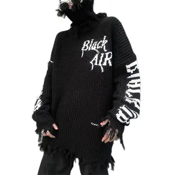 2021 Neveikiančių Skylę Punk Golfo Sweater Mens Harajuku Vintage Megztinis Moterims Siuvinėjimo Hip-Hop Goth Megzti Megztiniai Megztinis