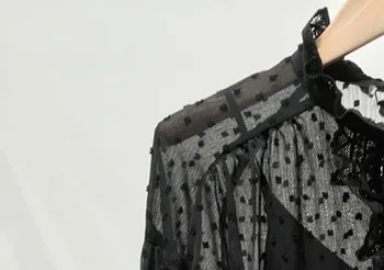 Moterų Siuvinėjimo Dot Palaidinė Juoda Pamatyti Per Dvi-piece Set Long Sleeve Lace Elegantiškas Moterų Nėriniai-up Marškinėliai 