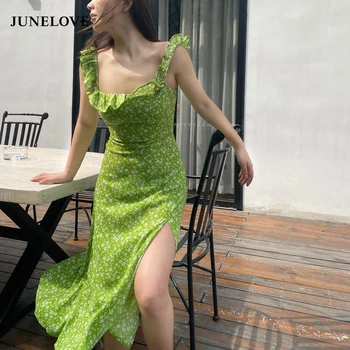 JuneLove Gėlių Prancūzijos Suknelė Elegantiškas Moteris, Vasarą Stebėjimo Derliaus Padalinta Violetinė Suknelė Spausdinti Retro Saldus Boho Suknelė Vestidos