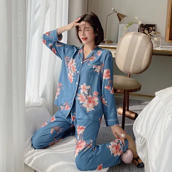 Medvilnės, Šilko Pižama Moterų 2021 m. Pavasarį, Rudenį Naują Stilių Atvartas Susegamas Namų Paslauga ilgomis rankovėmis Kelnės Gėlių Sleepwear