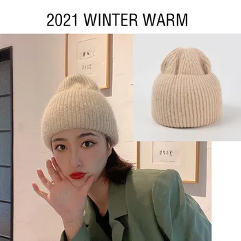 2021 naujas purus žiemos beanies angoros triušio kailio megzti skrybėlę moterų blizga šiltas storas porą vilnonių minkštas skrybėlę 