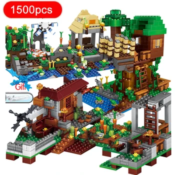 1208PCS Blokai Suderinama Minecraftinglys Kaime Warhorse Mieste, Tree House Krioklys Švietimo Žaislai Vaikams 