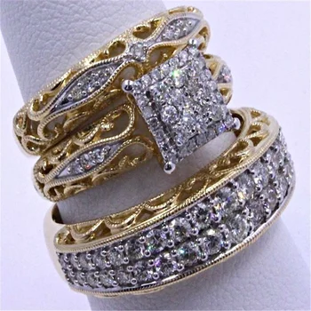 3 gabalus derliaus prabangus papuošalai, aukso užpildyti tris-akmens princesė iškirpti baltas Cirkonis ponios vestuvių nuotakos žiedas 