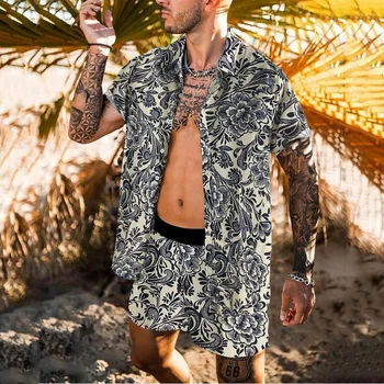 2021 Naujas Vasaros Mados Vyrų Havajų Kostiumas Atspausdintas Trumpas rankovėmis Mygtuką Marškinėliai + Paplūdimio Šortai Gatvės Atsitiktinis Vyrų Kostiumas S-3xl 