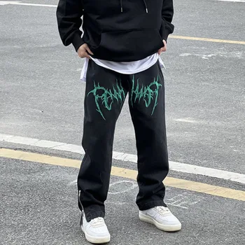 High Street Plauti Siuvinėjimo Hip-Hop Black Jeans vyriški Palaidi Tiesus Vamzdis Amerikos Hiphop Pusėje Užtrauktukas Grindų Kelnės 