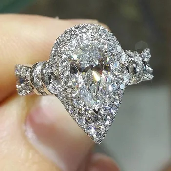 Prabanga Moterų Baltas Cirkonis Akmens Žiedas, Žavesio Sidabro Spalvos Plonas Vestuviniai Žiedai Moterims Skanėstas Crystal Vandens Lašas Vestuvinis Žiedas 