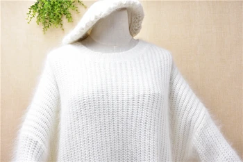 Klasikinė mada moterims, moteriška balta pliušinis traukti ilgomis rankovėmis storas šiltas mink kašmyro megztinių triušio kailio megztinis megztinis (puloveris) 