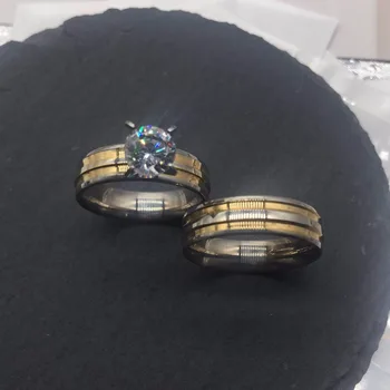 Aukso sidabro spalvos didelis Kubinis Cirkonis 6mm*2 Poros Žiedų Rinkinys Vyrams Moterų Dalyvavimas Mėgėjams pora žiedų 