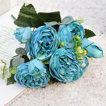 1 Puokštė mėlynos spalvos Dirbtinės Gėlės, Bijūnai Arbata, Rožių Rudenį Šilko Netikrą Gėlių 
