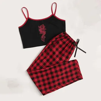 Moterų Sexy Sleepwear Nustatyti Berankovė Liemenė, Diržas Pledas Spausdinti Bowknot Kelnės Ponios Pajama Nustatyti Plius Dydžio Namų Kostiumas Pijamas IL 