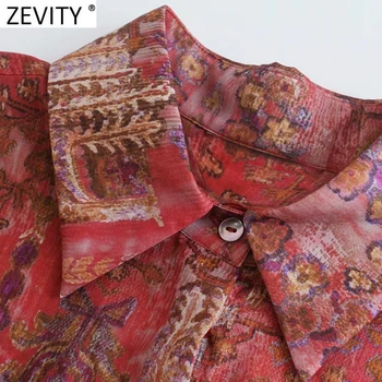 Zevity Moterų Elegantiškas Vienos Kišenės Pleistras Teismas Gėlių Spausdinti Moteriška Palaidinė ilgomis Rankovėmis Retro Slim Marškiniai, Elegantiškos Chemise Viršūnes LS9631 