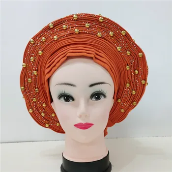 Rait moterų nigerijos gele headtie su karoliukais&akmenys turbaną femme galvos wrap gražus šalikas aukštos kokybės už šalies 1set 