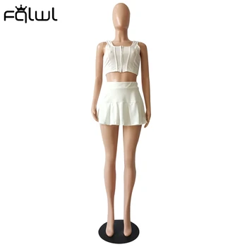 FQLWL Vasaros Streetwear 2021 Dviejų dalių Rinkinys Moterims Užtrauktukas Sijonas Rankovių Pasėlių Viršuje Klostuotas Sijonas Atsitiktinis Mados Rožinė Atitikimo Rinkinys