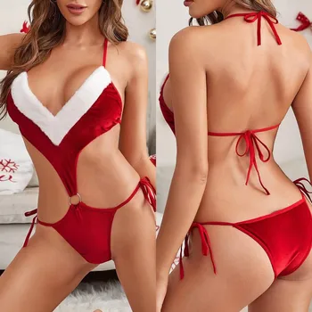 Seksualus Plunksnų Apatiniai Ponios Jumpsuit Kalėdų Aukso Aksomo Diržu G-string Tvarstis Jusliniai apatinis Trikotažas Moters Kūno Porno Sleepwear 