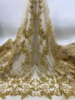 Puikūs karoliukai Siuvinėjimo prancūzijos tiulio net nėrinių audinys / Afrikos Aukso nėrinių audinio Šalies vakarinės suknelės vestuvių suknelė 