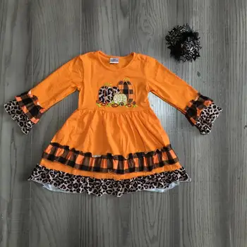Girlymax Padėkos rudenį kūdikių mergaitės, moliūgų, apelsinų dryžuotas medvilnės audinys medvilnės suknelė vaikų drabužių cheetah kelio ilgis raukiniai rungtynės lankas 