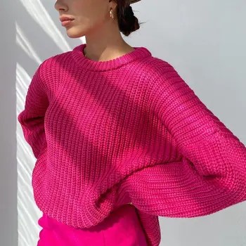 Moterų Megztinis Streetwear Megzti Kietos Ponios Megztinis Elegantiškas Megztinis ilgomis Rankovėmis O-kaklo Megztinis Rožinė Viršuje Žiemą, Rudenį Megztiniai 
