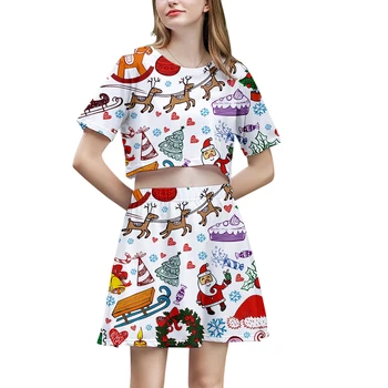 Kalėdų 3D Atspausdintas tracksuit Moterims Dviejų dalių Komplektas Mados Vasaros trumpomis Rankovėmis Pasėlių Viršuje+Sijonas 2019 Karšto Pardavimo Drabužių Streetwear 