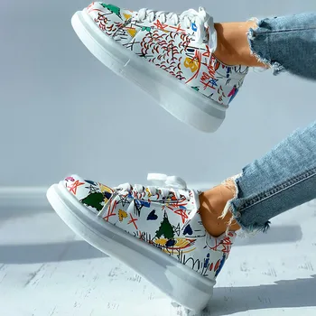 Moterų Ponios Harajuku Doodle Spausdinti Sneaker Bateliai Neakers Už Plokšti Batai Žiedu Nėriniai-up Blynai Sneaker Kasdienių Bėgimo Bateliai 