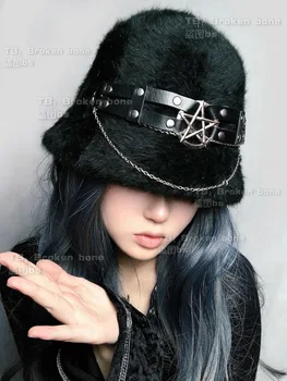 Ruibbit Harajuku Punk, Gothic Girls Mielas Ausų Plaukų Skrybėlę Žiemos Plius Aksomo Šiltas Moterų Rinktinėje Prašmatnus Streetwear Pu Pentagram Apsinešęs