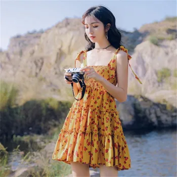 TingYiLi Gėlių Spausdinti Geltona Suknelė Moterims Vasaros Atostogų Paplūdimyje Boho Suknelė Korėjos Mielas Rankovių Pynimas Trumpą Suknelę