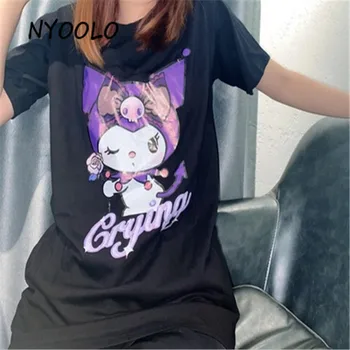 NYOOLO Harajuku streetwear saldus mergaitė, juoda t-shirt Vasaros juokingas animacinių filmų spausdinti prarasti trumpas rankovės O-kaklo marškinėliai, drabužiai moterims 