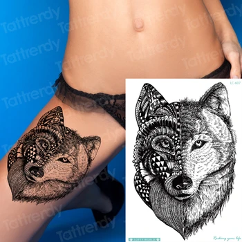 Pranešk apie netikrą tatuiruotę moteris vilkas laikinos tatuiruotės gyvūnai mėnulį ir vilkas seksualus tatuiruotė merginų paplūdimio stiliaus mados, kūno meno, lipdukai, decal 