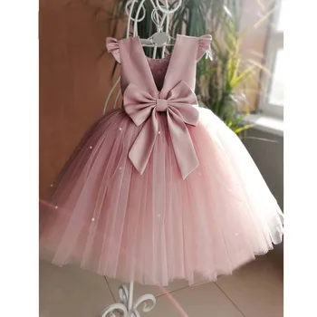 2021 Naujas Persikų Pink Gėlių Mergaičių Suknelės, Vestuvių Duobute Backless Mergina Gimtadienio Vakarą Tiulio Suknelė Princesė Kamuolys Suknelė
