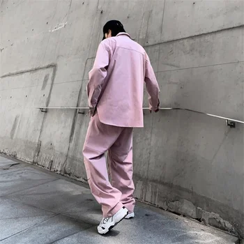 2021 m. Pavasarį Rožinės Spalvos ilgomis Rankovėmis Marškinėliai + Krovinių Kelnės Dviejų dalių Komplektas korėjos Mados Vyrų Rinkiniai Hip-Hop Streetwear