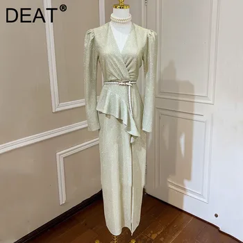 DEAT Moterų Maix Suknelė Nereguliarus Pynimas Blizgučiais Padalinta V Kaklo Su Diržo Formalaus Stiliaus, Elegantiškas Suknelės 2022 metų Pavasarį Mados 15AK762 