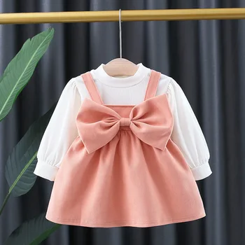 Naujas Korėjos Versija Suspender Suknelė Medvilnės Baby Bamblys Princesė Dress Vakarų Stiliaus Mergina Rudenį Ilgomis Rankovėmis Sijonas 