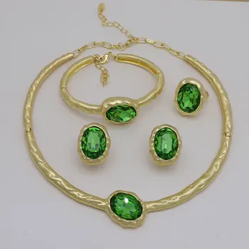 TSROUND Baroko Vintage Gold Green Crystal Vestuvių Papuošalai Rinkiniai Choker Karoliai, Auskarai, Komplektai Afrikos Karoliukai, Bižuterija 