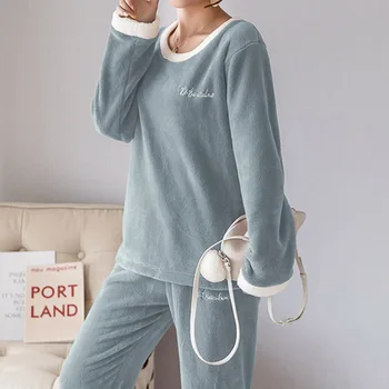 Moteris Minkštas Namų Sleepwear Moterų Pižamos Rinkiniai Šiltas Flanelė 2021 M. Rudenį, Žiemą Storas Koralų Aksomo ilgomis Rankovėmis Spausdinti Sleepwear 