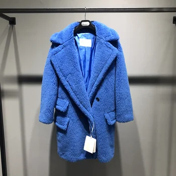 Klasikinis Trumpas meškiuko Kailis Kailis Alpakos Kailis Moteris Rudens-Žiemos Vilnos Kailis Purus Dangomis, Stilingas, šiltas meškiukas kailis Blue coat