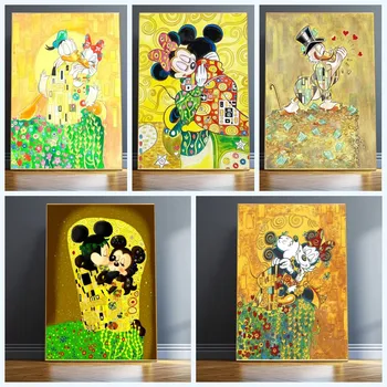 Drobė, Tapyba Disney Mickey ir Minnie Plakatas ir Spausdinimo Įkvėpė Gustavo Klimto Sienos Meno Nuotrauką Kambarį Namų Dekoro