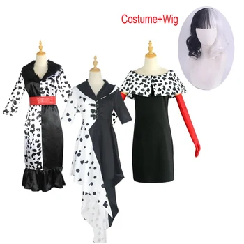 Filmo Cruella De Vil Cosplay Kostiumų 101 Dalmatians Ponios Moterų Suknelė Helovinas Perukas Šalies Drabužių