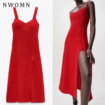 NWOMN Vasarą Moterys Ilga Suknelė Za 2021 Raudona Slydimo Suknelė Moteriai V Kaklo Dirželis Midi Šalis Suknelės Moterims Backless Ritininės Elegantiškas Suknelės 