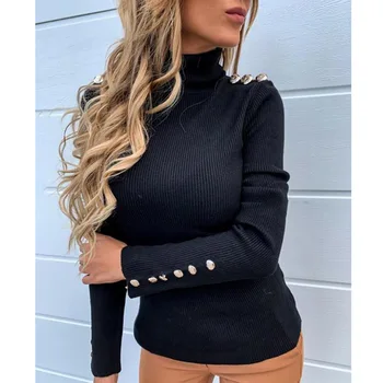 Moterų Golfo Briaunoti Marškinėliai Rankogalių Sagos Išsamiai Ilgomis Rankovėmis, Žemiausią Marškinėliai Mados Rudens-Žiemos Moterų Slim Paprasto Megztiniai 