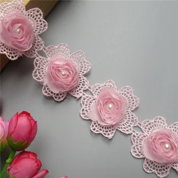 10x Aukso 3D Šifono Perlų Rožė Gėlių Išsiuvinėti Nėriniai Apdailos Juostelės Audinio Kratinys Vestuvių Suknelė, Siuvimo Reikmenys Amatų 5,5 cm 