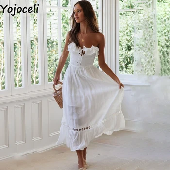 Yojoceli Elegantiška baltos spalvos nėrinių floal suknelė moterims Vasaros dirželis long beach boho suknelė Atsitiktinis pynimas maxi sundress vestidos 