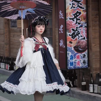 Japonų arbatos šalis stiliaus mezgimas nėriniai kimono stiliaus Lolita dress saldus lankas snieguolė princesė suknelė 
