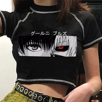 Y2k Gothic Black Derliaus Sexy Moterys T-shirt Juokingas Anime Akis Spausdinti KPOP Harajuku Slim Karšta mergina T-shirt Viršuje Kawaii Cute Drabužiai 