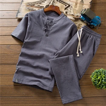 Kokybės vasarinės plonos medvilnės ir lino kostiumas trumpomis rankovėmis vyrams trumpas atsitiktinis sportinę Plonas medvilnės trumparankoviai marškinėliai + kelnės 
