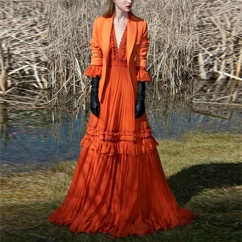2021 naujas vasaros suknelė sunkiosios pramonės nėrinių lotus lapų susiuvimas mados moteris ilga suknelė oranžinė raudona 