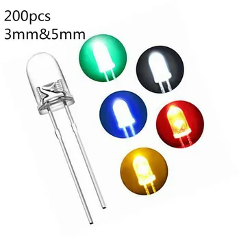 200pcs LED šviesos diodų, elektroninių komponentų 3mm/5mm, įvairių spalvų 