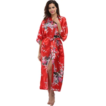 Moterų Ilgas Chalatas Kimono,Su Kišenėmis - Povas & Žiedų Seksualus Gėlių Satino, Šilko Vestuvių Bridesmaid, Mantijos, Ilgai Sleepwear Chalatas 
