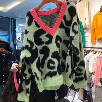 SHENGPALAE leopardas spausdinti džemperis moterims pavasario 2022 naujas V-kaklo prarasti ilgomis rankovėmis mados megzti megztinis viršūnes 5B224 