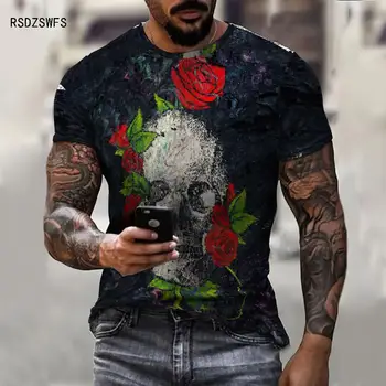 Naujų Gėlių, Rožių Kaukolė Marškinėliai Vyrams, Moterims 3d Spausdinimo Marškinėlius Hipster Atsitiktinis Trumpas Rankovės Kvėpuojantis T-Shirt Kietas Streetwear Tee Viršūnės 